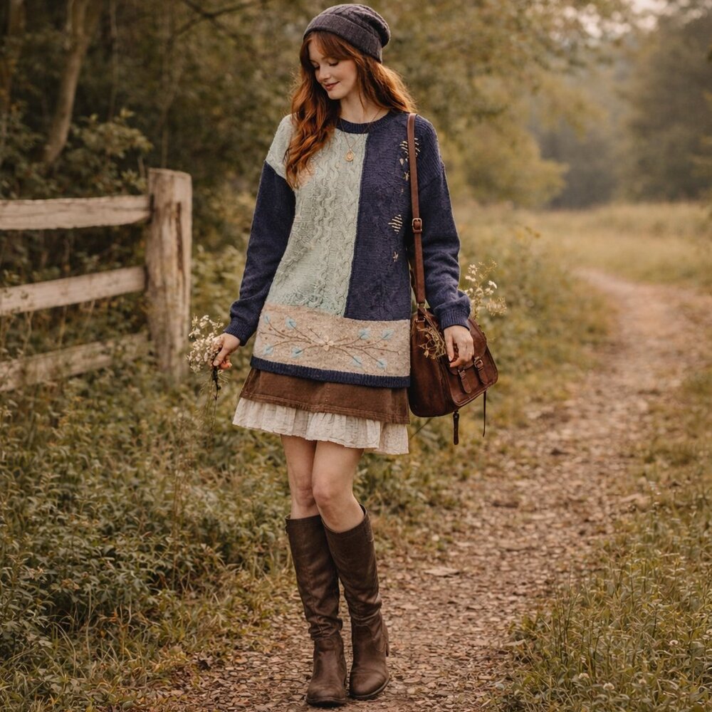 Whimsical Patchwork Tunic Cable Knit Sweater – Made in Italy, Lana & Angora